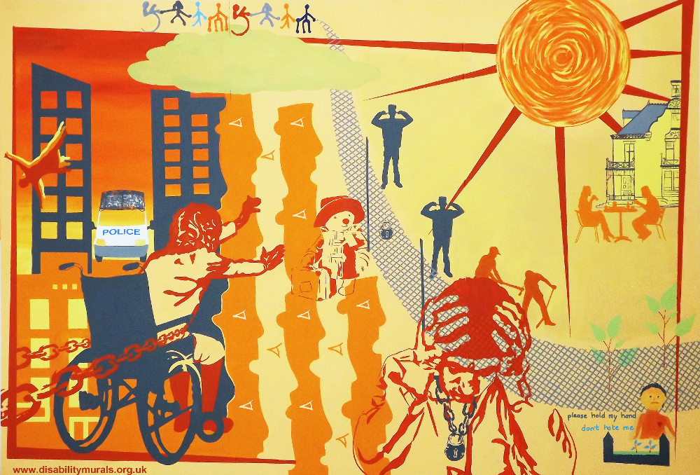 This mural is divided into two sections. The background is yellow and orange. On one side there is a big house and garden. People sit at a table drinking like in a cafe. A blue lattice fence surrounds the house. Two blue silhouettes of guards look outwards with their fingers in their ears. A big orange sun is above this side of the picture. On the other side of the fence, the colours are darker orange, the sun is replaced by a cloud in the sky. A wheelchair user reaches out, but red chains hold her back. A man stoops with his head in his hands and a padlock round his neck.  A small figure with a bleeding heart tends a grave with flowers on. Above this are the words 'please hold my hand, don't hate me'. On the left, there is a red silhouette of a woman with orange and yellow shadows. She is jumps out of a dark blue tower block with a police van outside. A montage of orange yellow faces look at the fence and the life behind it. Paddington bear stands by the gate, his suitcase in his hands. At the top a multi coloured chain of people pull on the fence. 